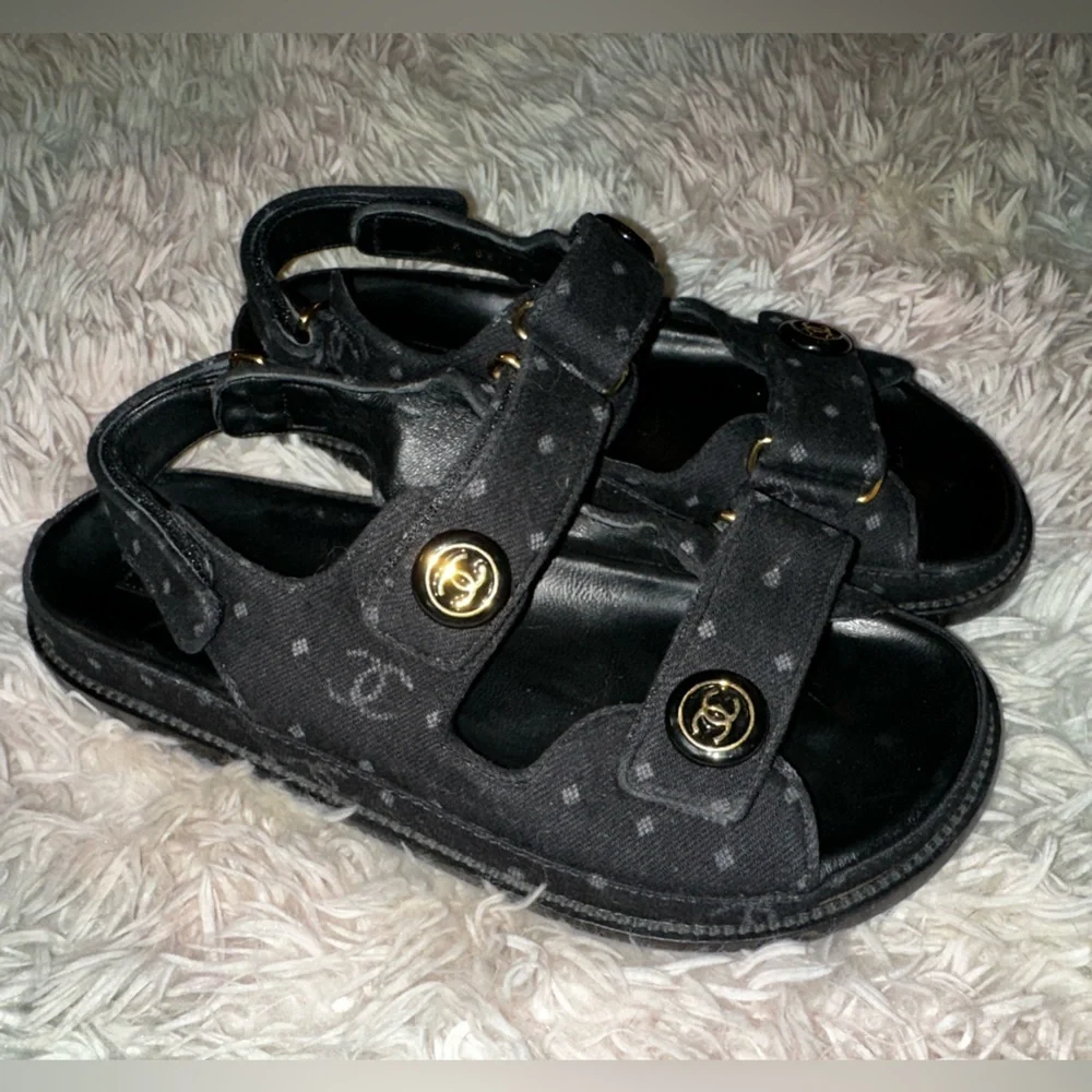 Authentic Chanel CC Logo Slingback Dad Sandals in Black Denim Size 39 - Picture 4 of 16